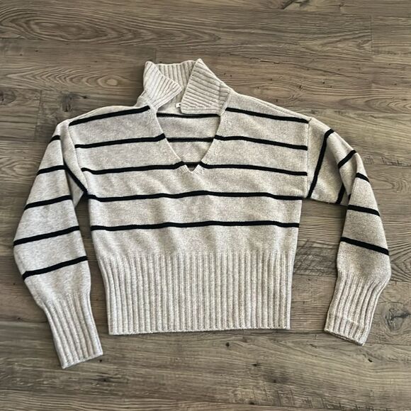 Reformation Cream and Black Striped V-Neck Sweater - Picture 5 of 7